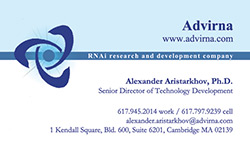 Business card for RNAi research company, Worcester, MA